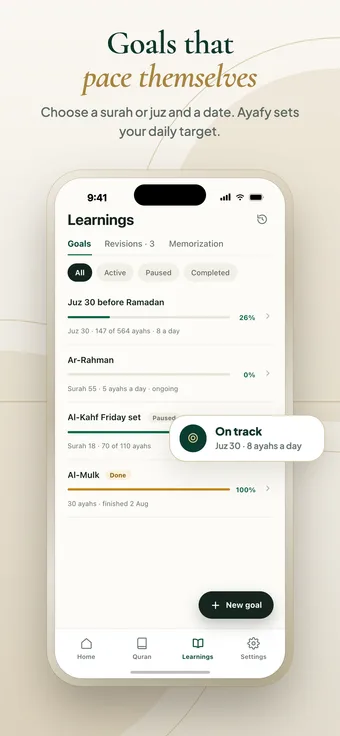 Ayafy Quran memorization goals list with daily ayah targets and progress