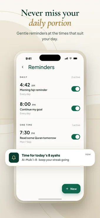 Ayafy reminders screen with daily and one-time Quran reminder notifications