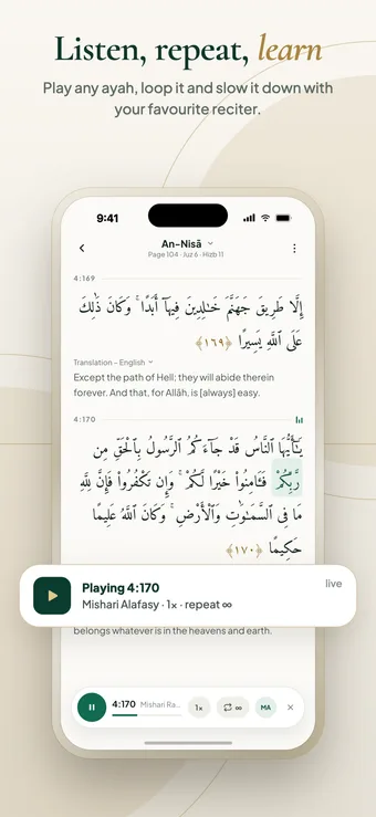 Ayafy playing An-Nisa 4:170 by Mishari Alafasy at 1x speed on infinite repeat, with the ayah highlighted